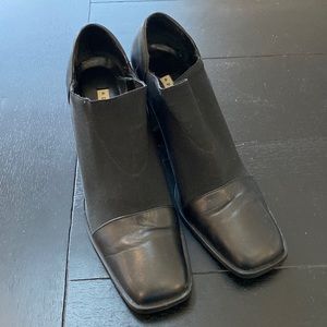 Apostrophe Black Leather and Fabric Heels. Size 10. 3.5” Block Heels